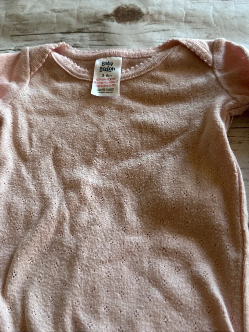 Baby Boden pink pointelle bodysuit fair pilling, size 3-6m